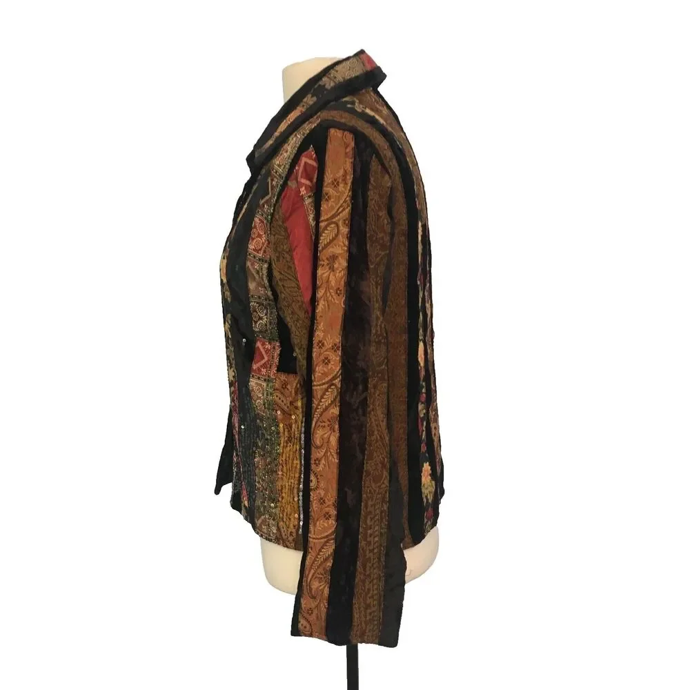 Coldwater Creek Womens Tapestry & Black Velvet Patchwork‎ Shirt Jacket, Boho, PS